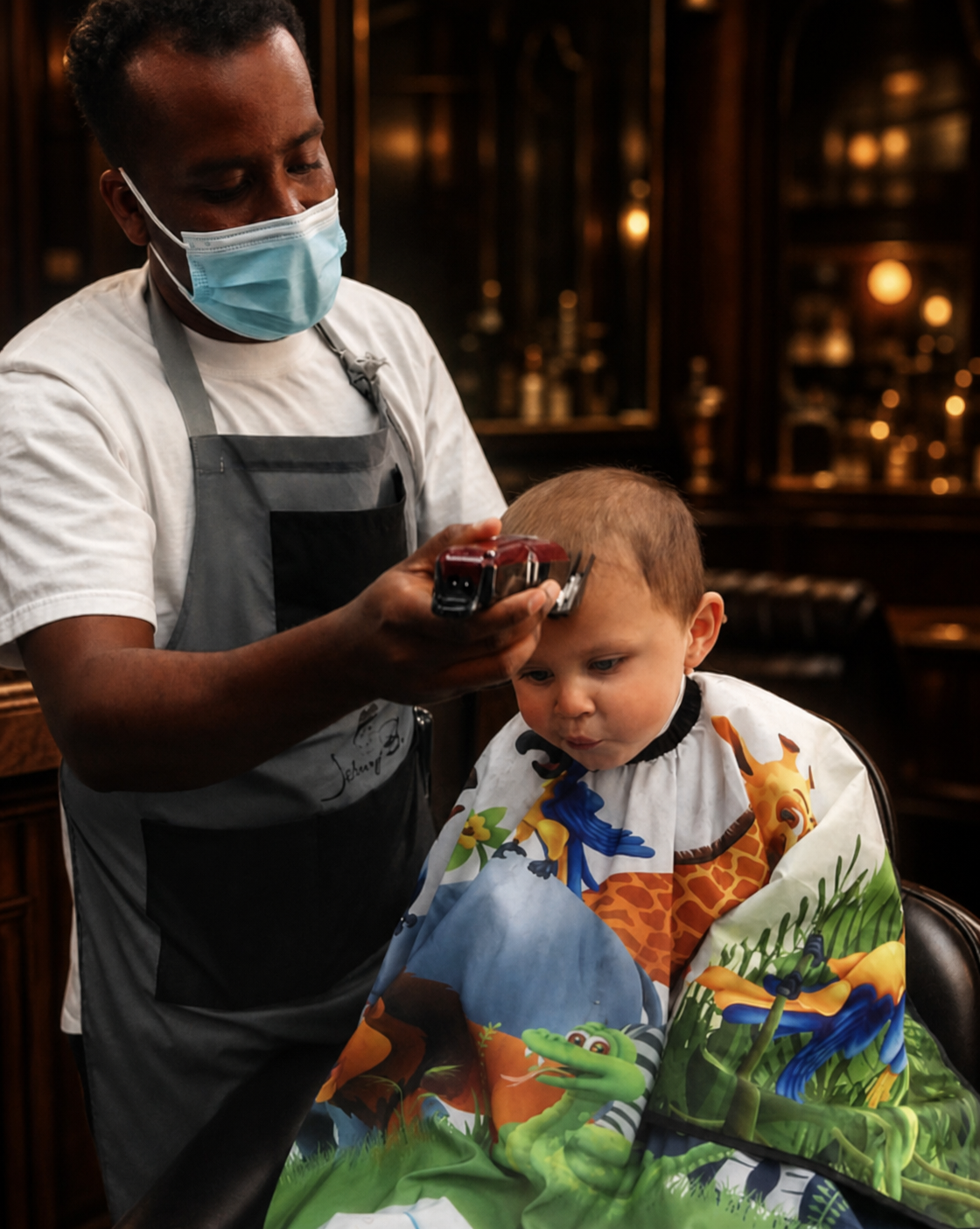 E the Barber giving a young client a haircut in a dark gold-lit barbershop portrait